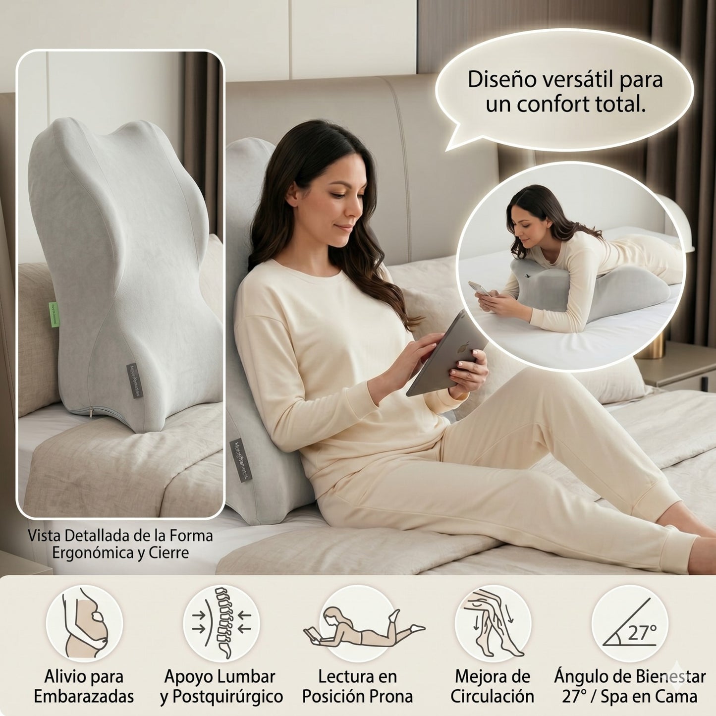 Cojín ergonómico de espuma viscoelástica AURA con funda transpirable y base antideslizante