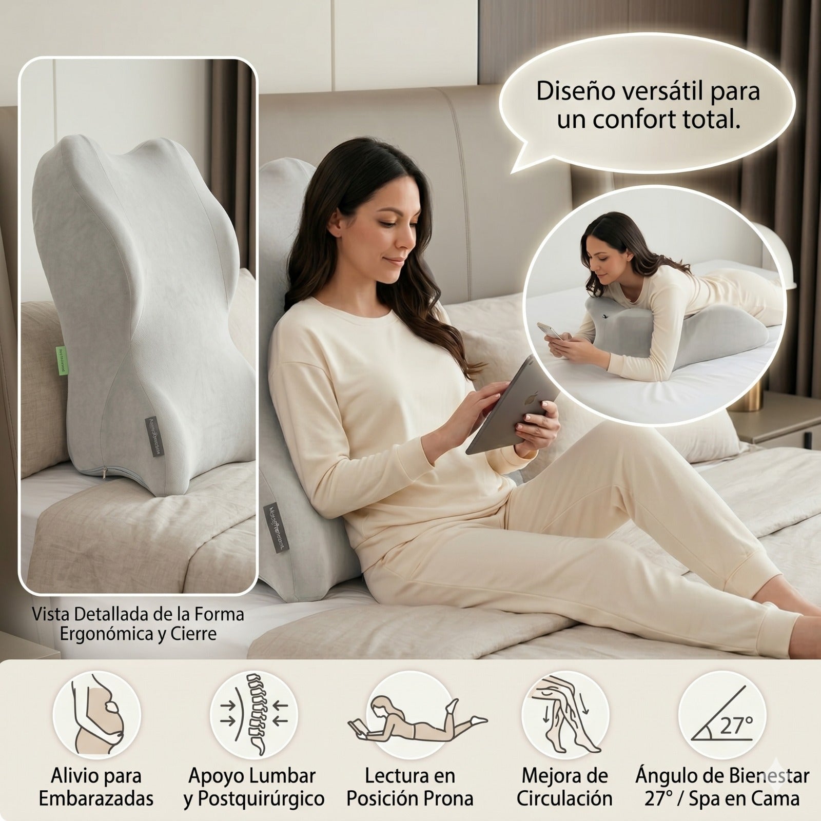 Cojín ergonómico de espuma viscoelástica AURA con funda transpirable y base antideslizante