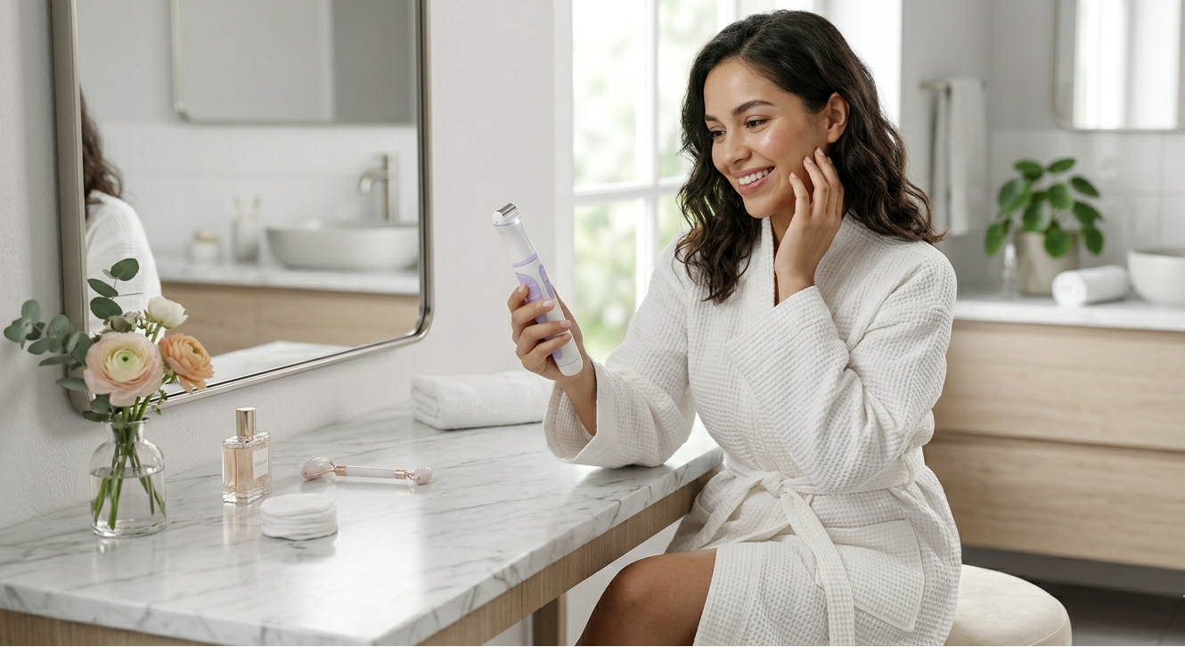 Mujer joven usando depiladora YES Finishing Touch sin dolor en casa, rutina de belleza