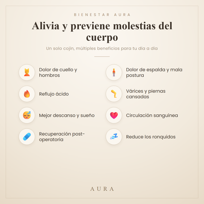 Beneficios del cojín AURA: alivia dolor de cuello, espalda, reflujo, várices y mejora el descanso