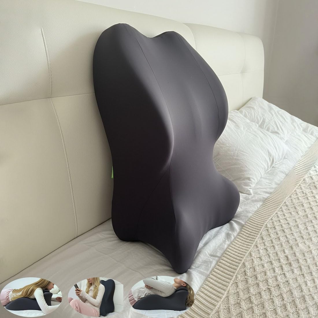 Cojín ergonómico de espuma viscoelástica AURA color gris sobre cama