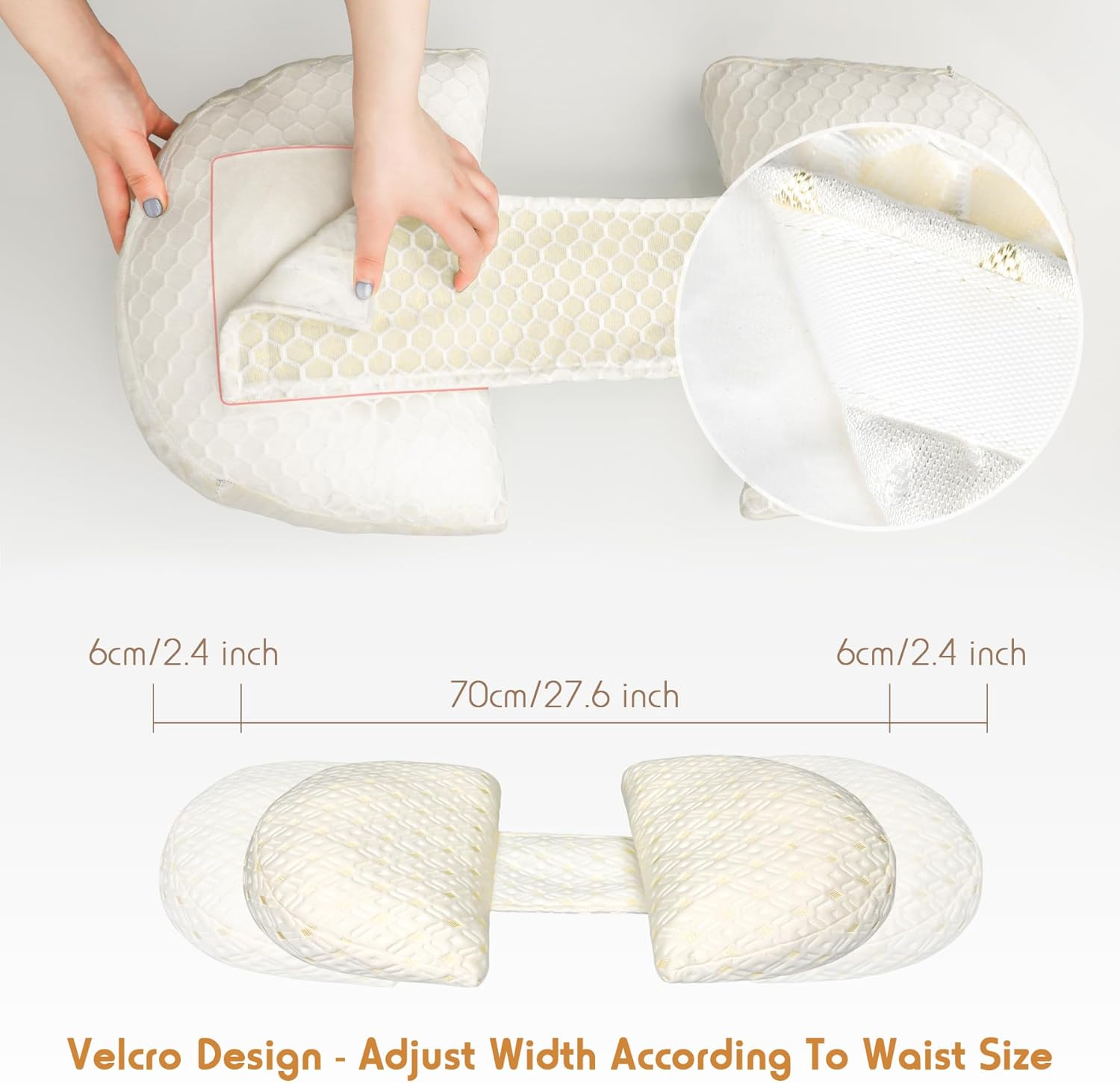 Diseño con velcro ajustable y medidas del cojín, 70 cm de ancho regulable