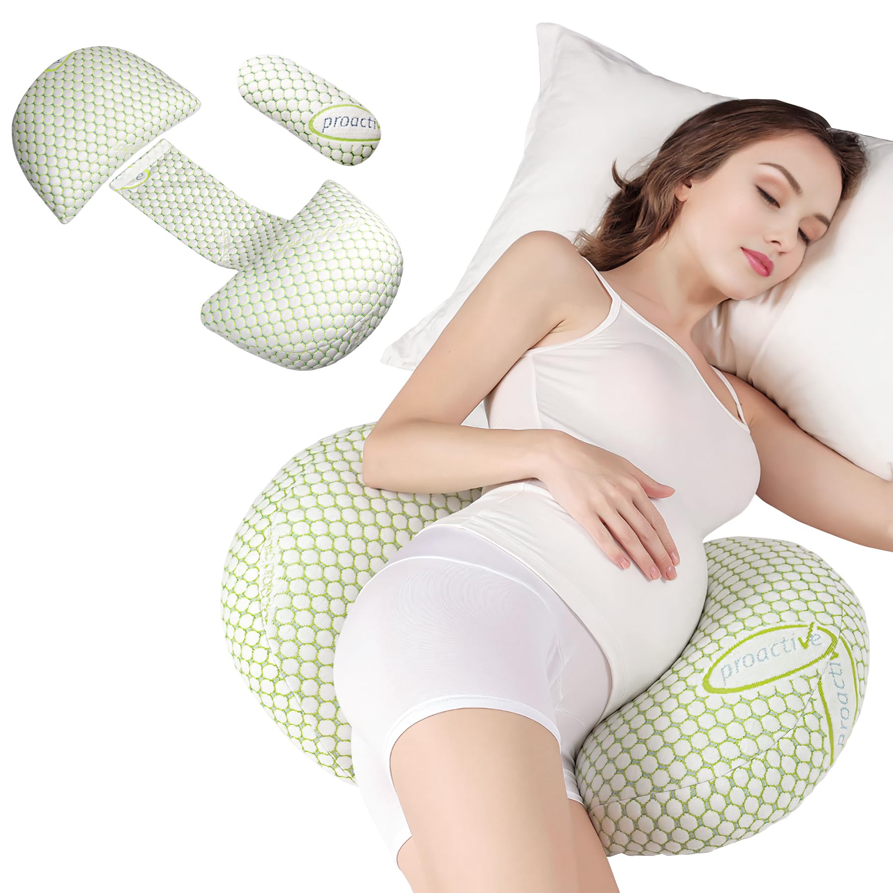 Cojín de maternidad ergonómico para embarazada con piezas modulares y ejemplos de uso